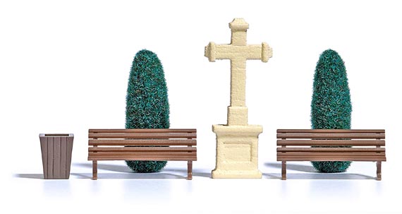 Busch 1236 Park Benches, Tree and Stone Cross