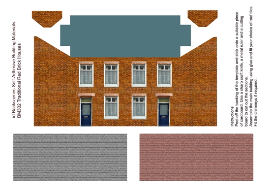 IDBackscenes x 4 Low Relief Traditional Red Brick Houses Or Shops. Card Based Kit